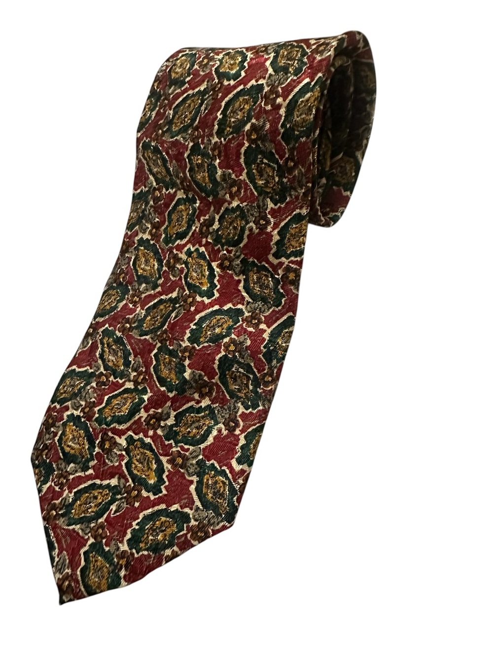 Saks Fifth Avenue Black Label Burgundy Paisley Tie with Green and Gold Motifs